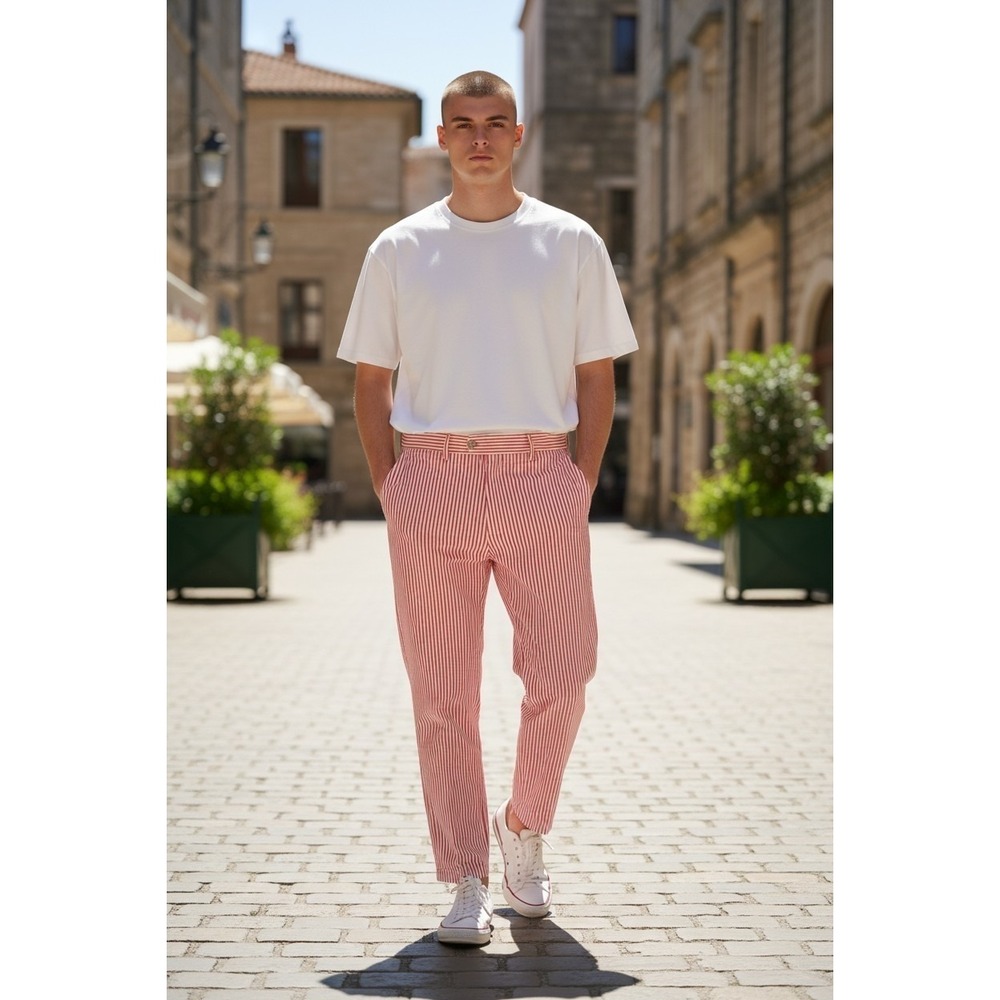 Mens‎ VTG Resilio Pink/White Striped Seersucker Straight Leg Preppy Resort 34/30